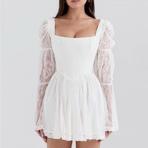 'Sancia' White Lace Puff Sleeve Mini Dress